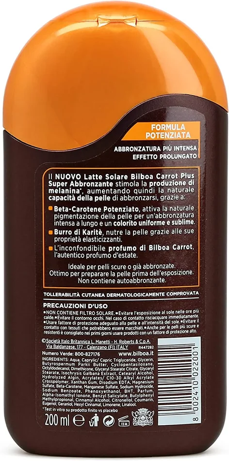 Bilboa Carrot Plus, Latte Solare Super Abbronzante, con Betacarotene e Burro di Karità per una Abbronzatura Intensa e Duratura, Effetto Idratante e Nutriente, Dermatologicamente Testato, 200 ml - immagine 2