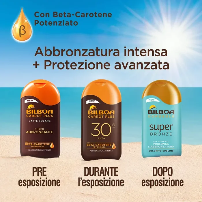 Bilboa Carrot Plus, Latte Solare Super Abbronzante, con Betacarotene e Burro di Karità per una Abbronzatura Intensa e Duratura, Effetto Idratante e Nutriente, Dermatologicamente Testato, 200 ml - immagine 3