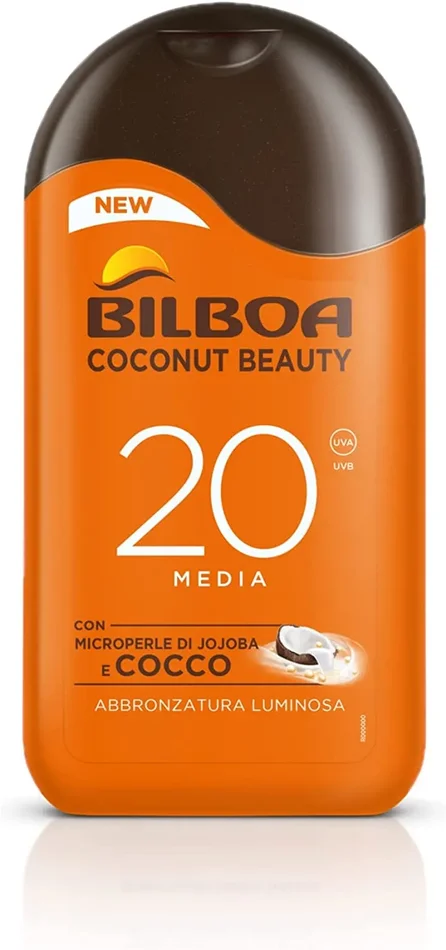 Bilboa Latte Solare Pelle Subito Luminosa e Uniforme con Protezione SPF 15, Latte Solare con Microperle di Jojoba e Cocco, Abbronzatura Luminosa, Protezione Resistente all’Acqua, 200 ml