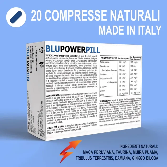 BLUPOWERPILL® Integratore per Uomo – Energia, Vigore, Vitalità, Supporto Maschile, Benessere Mentale – con Maca Peruviana, Taurina, Tribulus Terrestris, Zinco – 20 Compresse Naturali Made in Italy - immagine 2