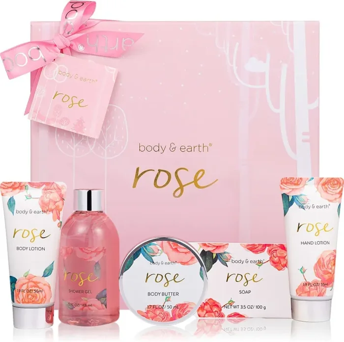 Body & Earth Set Crema Donna Regalo 5 PCS, Bagnoschiuma, Crema Mani, Lozione Corpo, Burro per Corpo, Confezione Idee Regalo Donna San Valentino, Compleanno, Anniversario o Festa, Profumo Rosa