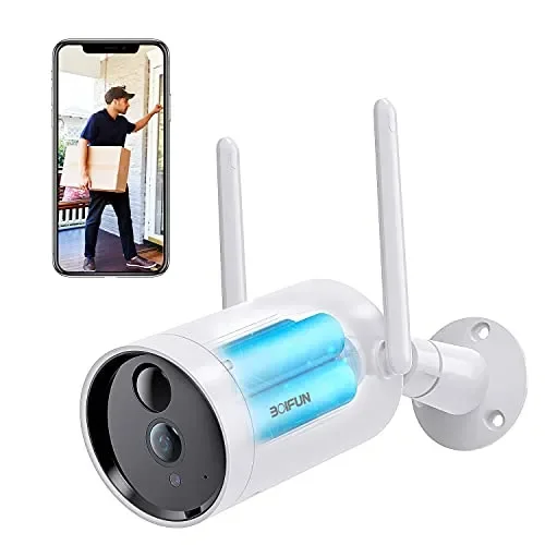 BOIFUN 2K Telecamera Wi-Fi Senza Fili da Esterno, Sicurezza Sorveglianza con Batteria, Rilevamento del Movimento Umano, Visione Notturna a Colori, Allarme Suono e Luce, Area Di Allarme Personalizzata