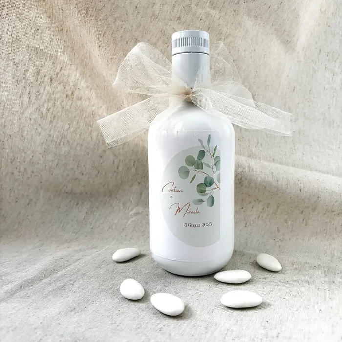 Bomboniera Bottiglia in vetro Bianca con Olio EVO Pugliese da 500ml con etichetta personalizzabile con confetti