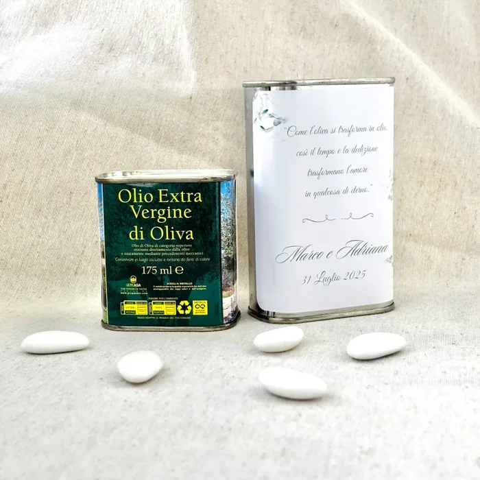 Bomboniera Cofanetto con Latta di Olio EVO Pugliese da 175ml o 250ml con etichetta personalizzabile con confetti