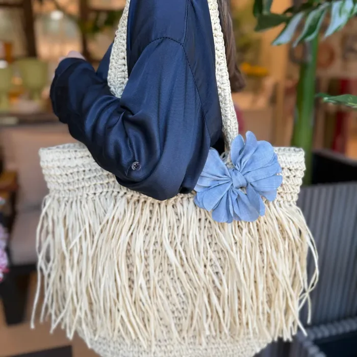 Bomboniera Fiori di Lena Estate Bag in Rafia con Fiore Azzurro