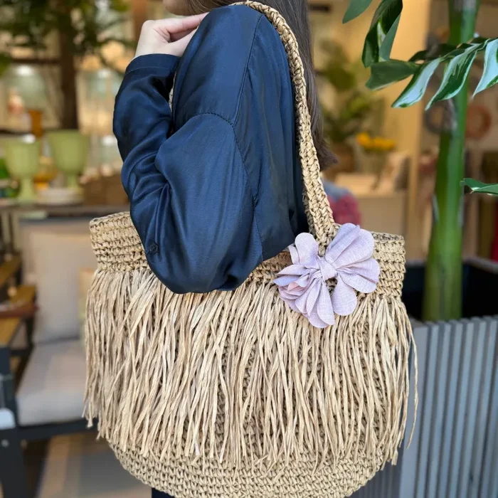 Bomboniera Fiori di Lena Estate Bag in Rafia con Fiore Rosa