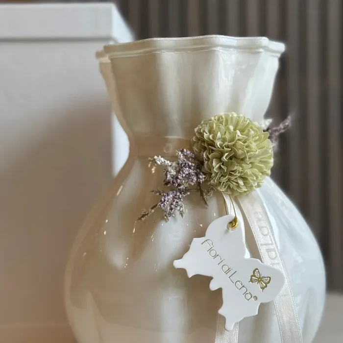 Bomboniera Fiori Di Lena Vasetto in Vetro con Dalia e Nebbiolina H20 Bianco Verde - immagine 2