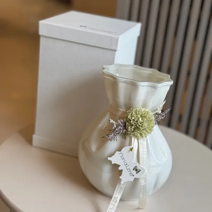 Bomboniera Fiori Di Lena Vasetto in Vetro con Dalia e Nebbiolina H20 Bianco Verde - immagine 3