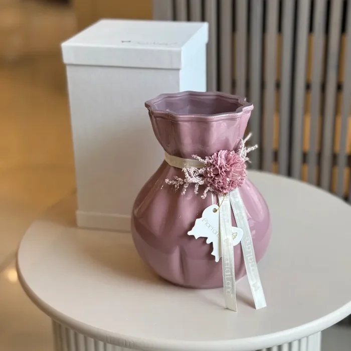 Bomboniera Fiori Di Lena Vasetto in Vetro con Dalia e Nebbiolina H20 Rosa - immagine 3