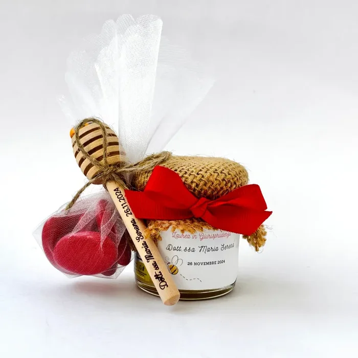 Bomboniera Laurea Barattolino Miele millefiori artigianale 50 gr-140gr, color rosso etichetta personalizzabile