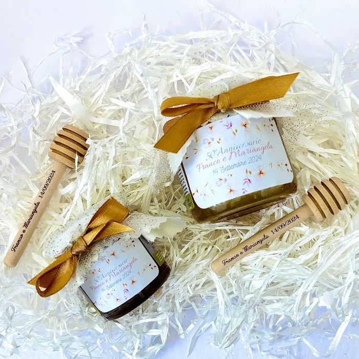 Bomboniera Matrimonio Barattolino Miele millefiori artigianale 50 gr-140gr-250 gr, color dorato e rosa etichetta personalizzabile