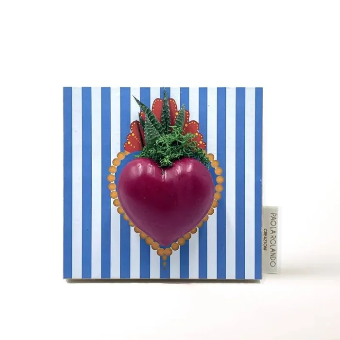 Bomboniera Paola Rolando Pianta Grassa in Cuoricino su Quadretto Strisce 13,5×14 cm