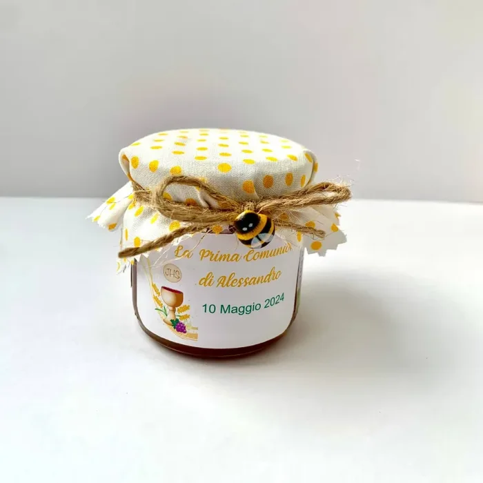 Bomboniera Prima Comunione bambino Barattolino Miele millefiori artigianale 50 gr-140gr-250gr , etichetta personalizzabile - immagine 3