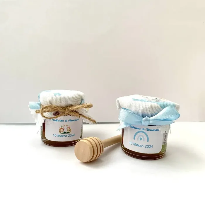 Bomboniere Battesimo bimbo Barattolino Miele millefiori artigianale 50gr-140gr-250 gr etichetta personalizzabile - immagine 3