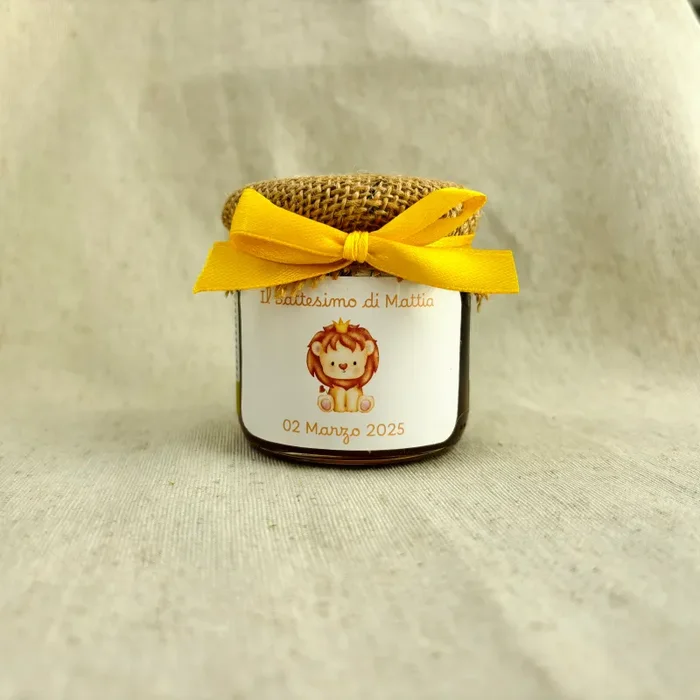 Bomboniere Battesimo bimbo tema LEONCINO Barattolino Miele millefiori artigianale 50 gr – 140gr – 250gr, etichetta personalizzabile giallo - immagine 3