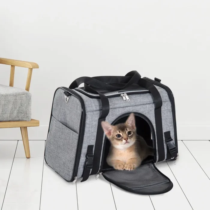 Borsa Trasportino Pieghevole per Cani Gatti con Tracolla in Tessuto Oxford Grigio 50×26.5×33 cm - immagine 2