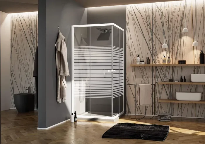 Box Doccia Angolare 2 Ante Scorrevoli in Cristallo Serigrafato 4mm H185 Fosterberg Tonder Bianco Varie Misure - immagine 3