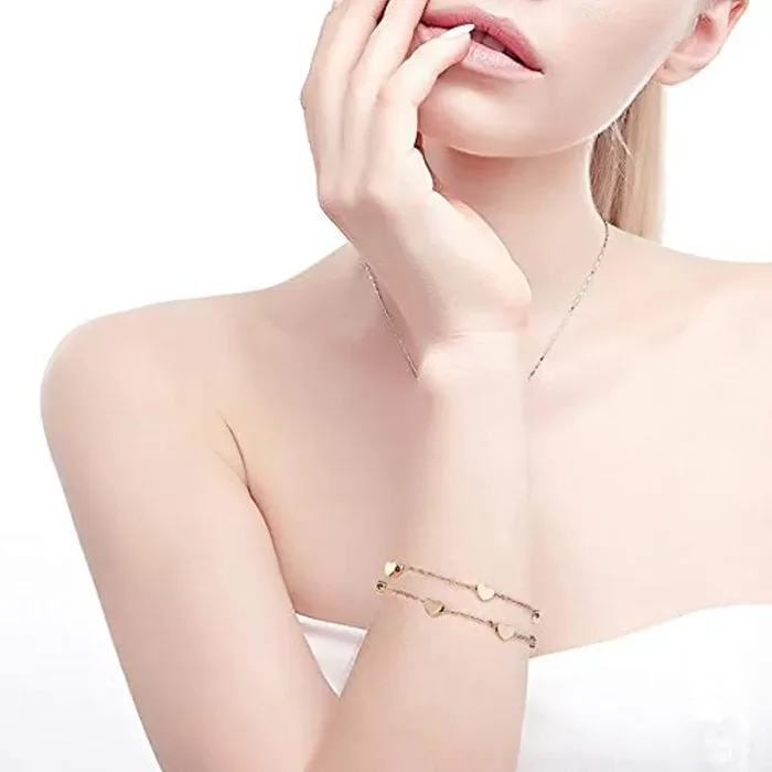 Bracciale a forma di cuore in oro rosa Bracciale a strati con pendenti a cuore Bracciale a doppia catena per bracciale donna Bracciale AMORE in acciaio inox in titanio - immagine 2