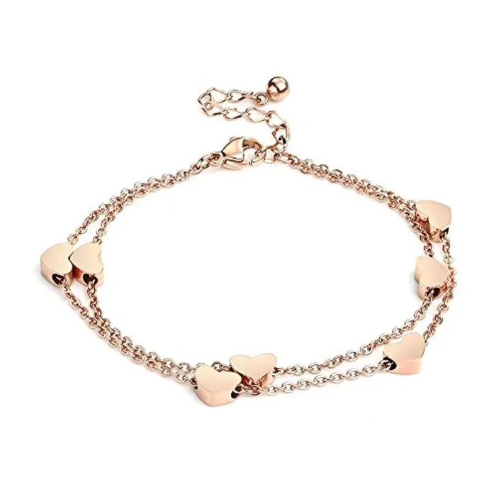 Bracciale a forma di cuore in oro rosa Bracciale a strati con pendenti a cuore Bracciale a doppia catena per bracciale donna Bracciale AMORE in acciaio inox in titanio - immagine 3