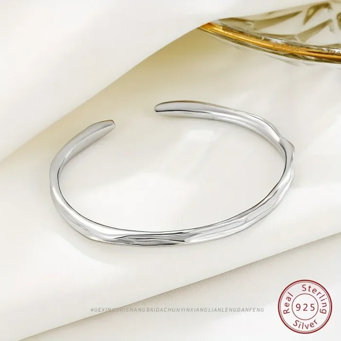 Bracciale Rigido Con Superficie Concava Irregolare In Argento Sterling 925, Gioielli A Mano Color Argento, Accessori Eleganti Color Argento