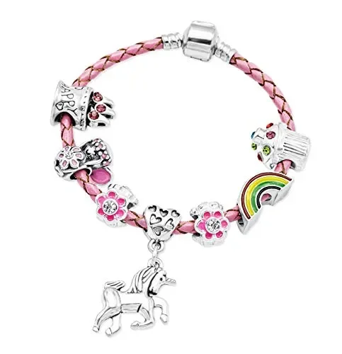 Braccialetto in pelle rosa da ragazza con charm e inserto a forma di…