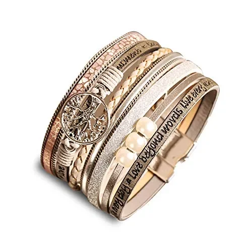 Bracciali per Uomo Donna in Pelle Retro Moda Polsino Acciaio Maglia Beige Sconti - immagine 2