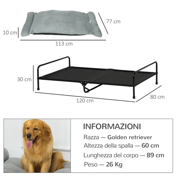 Brandina per Cani Max 30 Kg 120x80x30 cm con Cuscino Rimovibile Grigio - immagine 3