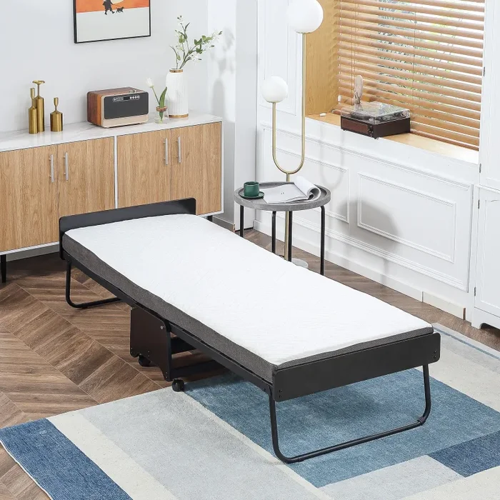 Brandina Pieghevole con Materasso H10 cm 80×200 cm Struttura in Acciaio con Ruote e Doghe - immagine 2