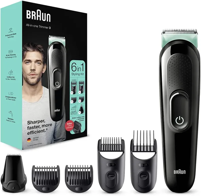 Braun Regolabarba Tagliacapelli Uomo Rasoio Incluso, Rifinitore Barba, 6 in 1 Styling Kit, Ideale per Viso, Corpo, Orecchie e Naso, Idea Regalo, MGK3321 All-in-One Nero e Color Acqua
