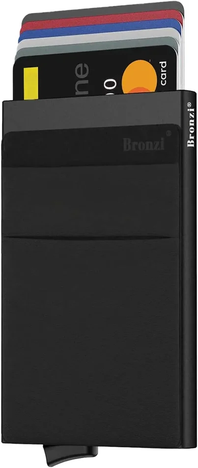 Bronzi Portafoglio Porta badge Uomo Slim – Protezione RFID Porta Carte Credito – Portacarte Mini Portatessere tascabile smart schermato (Nero) Fornitura