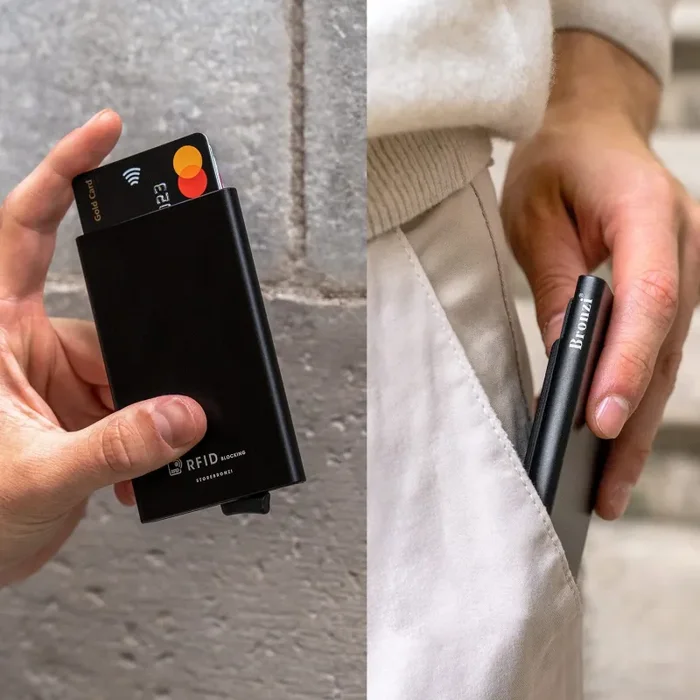 Bronzi Portafoglio Porta badge Uomo Slim – Protezione RFID Porta Carte Credito – Portacarte Mini Portatessere tascabile smart schermato (Nero) Fornitura - immagine 3