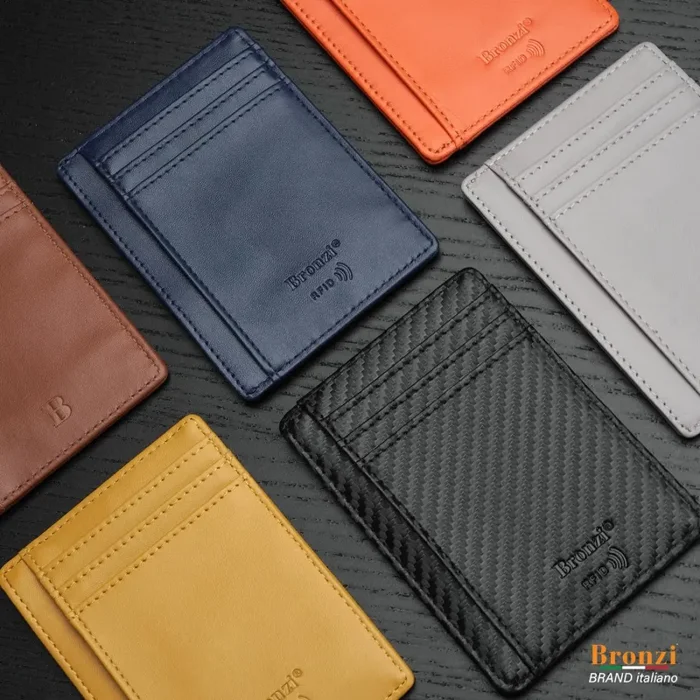 Bronzi Portafoglio Portafoglio Uomo Donna Piccolo Sottile Slim Elegante – Blocco RFID – Nero Pelle Alta Qualitร – Mini Porta Tessere Porta Documenti Porta Carte Di Credito – (Pelle Blu) - immagine 2