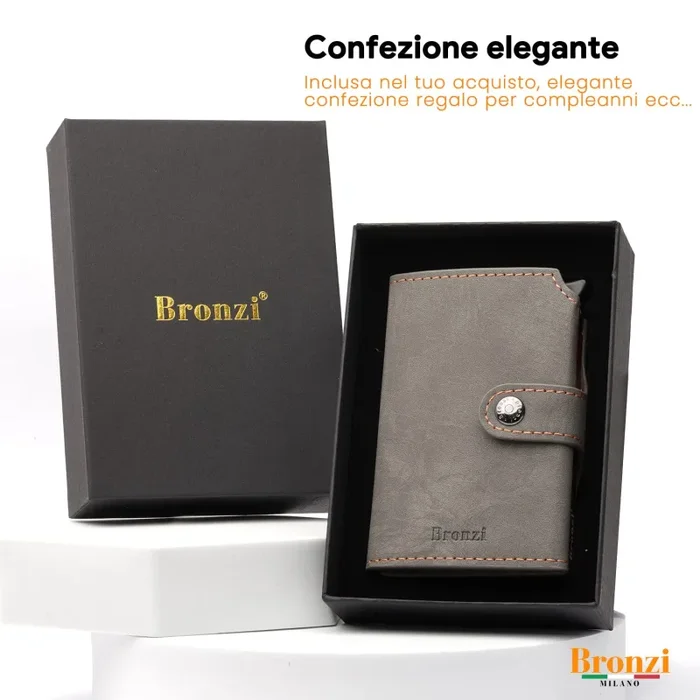 Bronziยฎ Portafoglio Uomo Slim Piccolo | Portacarte Uomo Donna Portatessere Porta Carte Di Credito | Portafogli Mini Protezione RFID con Portamonete | Box Regalo – Brand Italiano - immagine 3