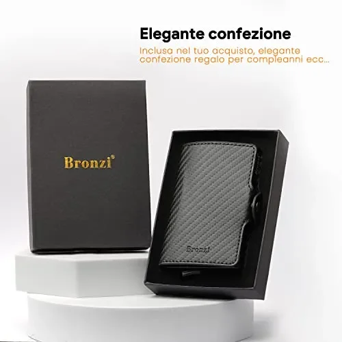 Bronziยฎ Portafoglio Uomo Slim Piccolo | Portacarte Uomo Donna Portatessere Porta Carte Di Credito | Portafogli Mini Protezione RFID con Portamonete | Box Regalo – Brand Italiano - immagine 2