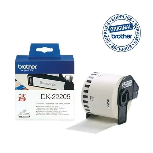 Brother DK22205 Etichette a Lunghezza Continua, Carta 62 mm x 30,48 m, Bianco
