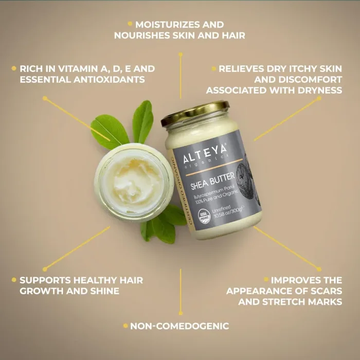 Burro di karité biologico non raffinato Alteya da 300 g – Con certificazione biologica USDA, 100% puro, naturale e vegano – Viso, Labbra e Capelli – Nutre, protegge, idrata - immagine 3