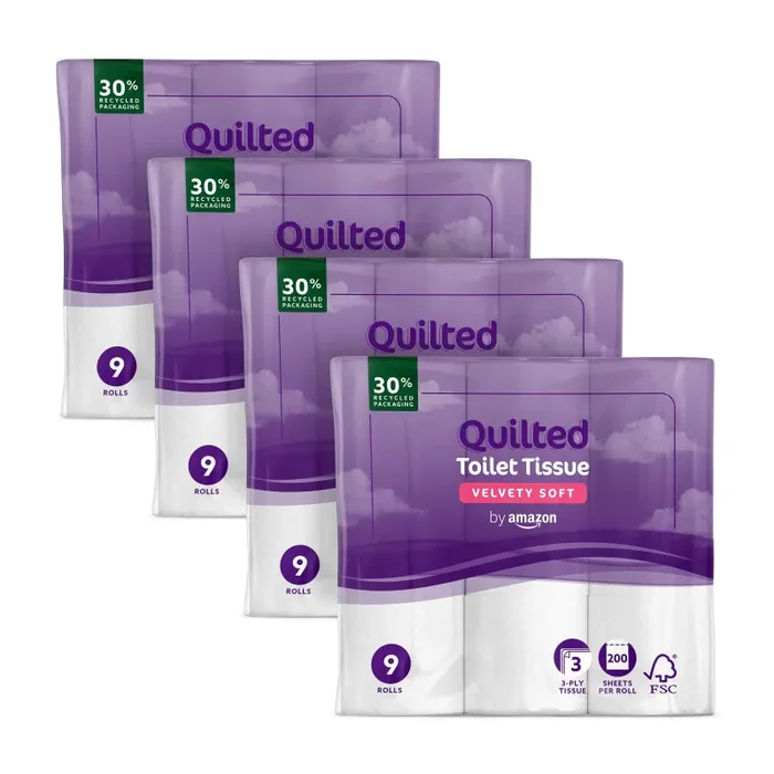 by Amazon Carta Igienica, 3 Veli Trapuntata, Morbida e Setosa, 36 Rotoli (4 Confezioni da 9), 200 Fogli per Rotolo, Certificata FSC
