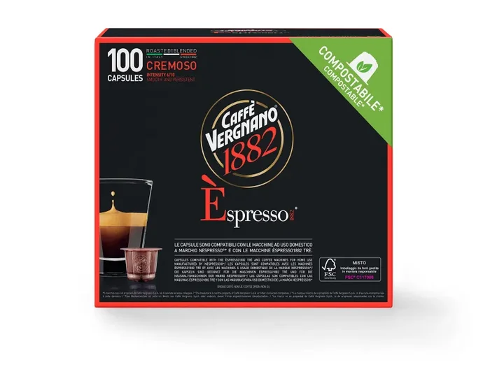 Caffè Vergnano Èspresso1882 Cremoso – Capsule Caffè, Compatibili Nespresso e Compostabili, Pack da 100 capsule