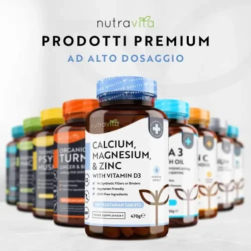 Calcio Magnesio Zinco e Vitamina D3 – 365 Compresse Vegetariane – Integratore di Calcio ad Alto Dosaggio – Fornitura per 6 Mesi di Integratore per le Ossa– Prodotto nel Regno Unito da Nutravita - immagine 3