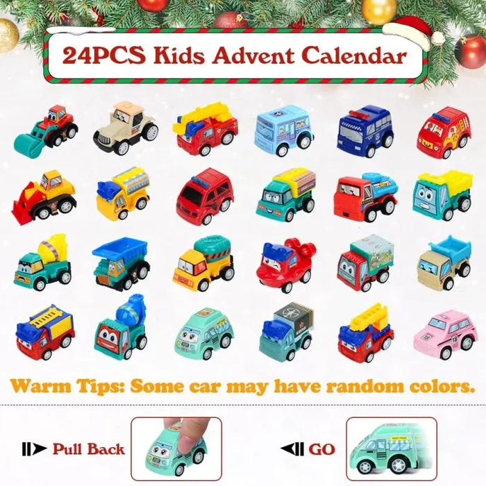 Calendario Avvento 2022, Calendario dell’Avvento Calendario Avvento Cars, 24 Pezzi Mini Tirare Indietro le Auto Giocattolo Macchinine e Mappa di Gioco per Bambini Ragazzi Ragazze Natale Regalo - immagine 2