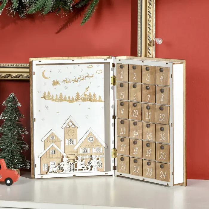Calendario Avvento di Natale a forma di Libro 22x7x32 cm con Temi natalizi in Legno Bianco - immagine 2