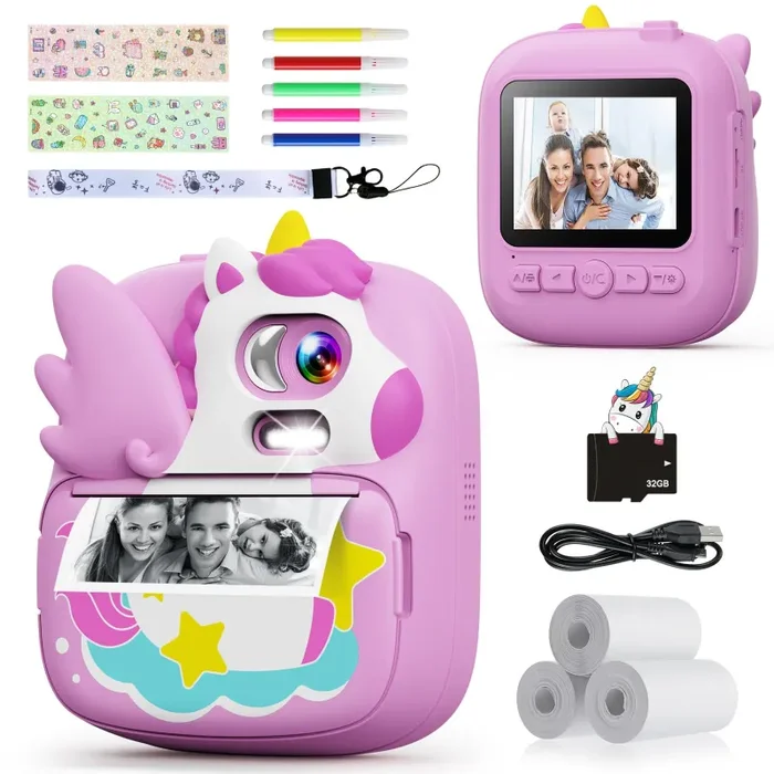 CAMCLID Macchina Fotografica Bambini Istantanea, 2,4 Pollici Digitale Fotocamera Bambini con 32GB Scheda e Carta Fotografica per Stampa, Regalo di Natale per Bambini dai 3-12 Anni (Viola)