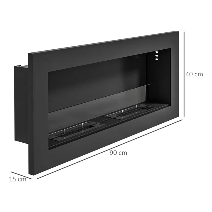 Camino a Bioetanolo da Incasso 90x15x40 cm 2 Bruciatori da 0,85L in Acciaio Inox Nero - immagine 3