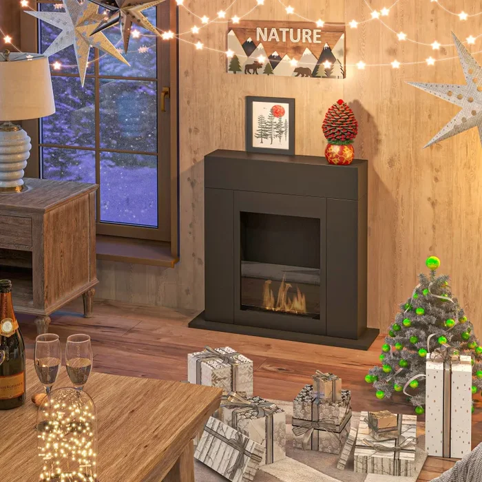 Camino a Bioetanolo da Pavimento 73x20x75 cm Bruciatore da 0,9L in Acciaio Verniciato Nero Opaco - immagine 2