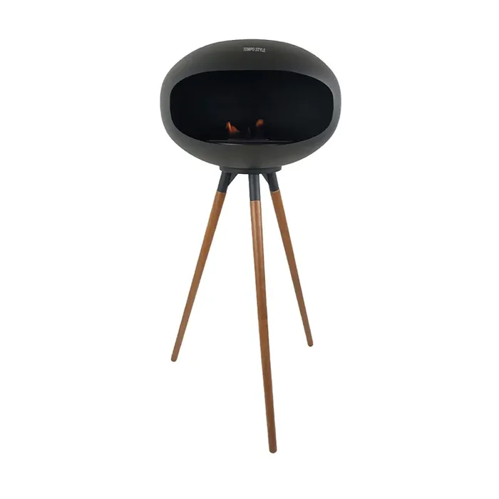 Camino a Bioetanolo da Pavimento Ø50×74 cm SICILY in Stile Nordico in Metallo Nero e Gambe in Legno Rovere