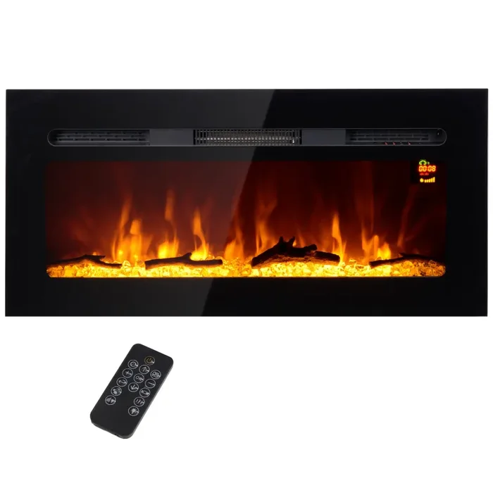 Camino Elettrico da Parete 1800W con Telecomando e Display LCD 91,4×15,8×45 cm Nero