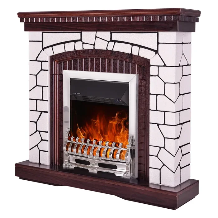 Camino Elettrico da Pavimento 105,8x110x30 cm Effetto Fiamma 2000W Natali & Galileo Silver Bianco/noce scuro