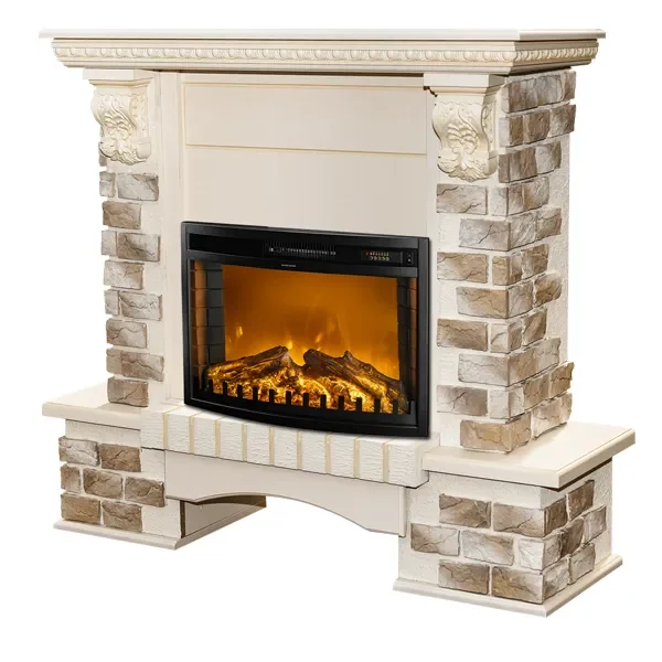 Camino Elettrico da Pavimento 109x110x33 cm Effetto Fiamma 1500W Topaz & Zakinthos Avorio