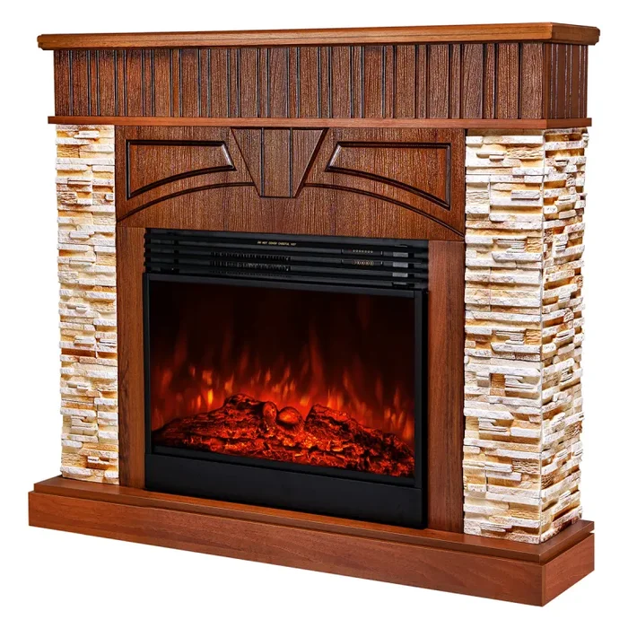 Camino Elettrico da Pavimento 113x127x31 cm Effetto Fiamma 1950W Zeus & Mirabella Noce