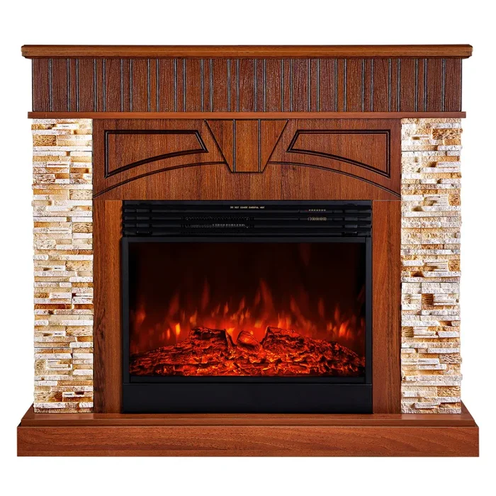 Camino Elettrico da Pavimento 113x127x31 cm Effetto Fiamma 1950W Zeus & Mirabella Noce - immagine 2